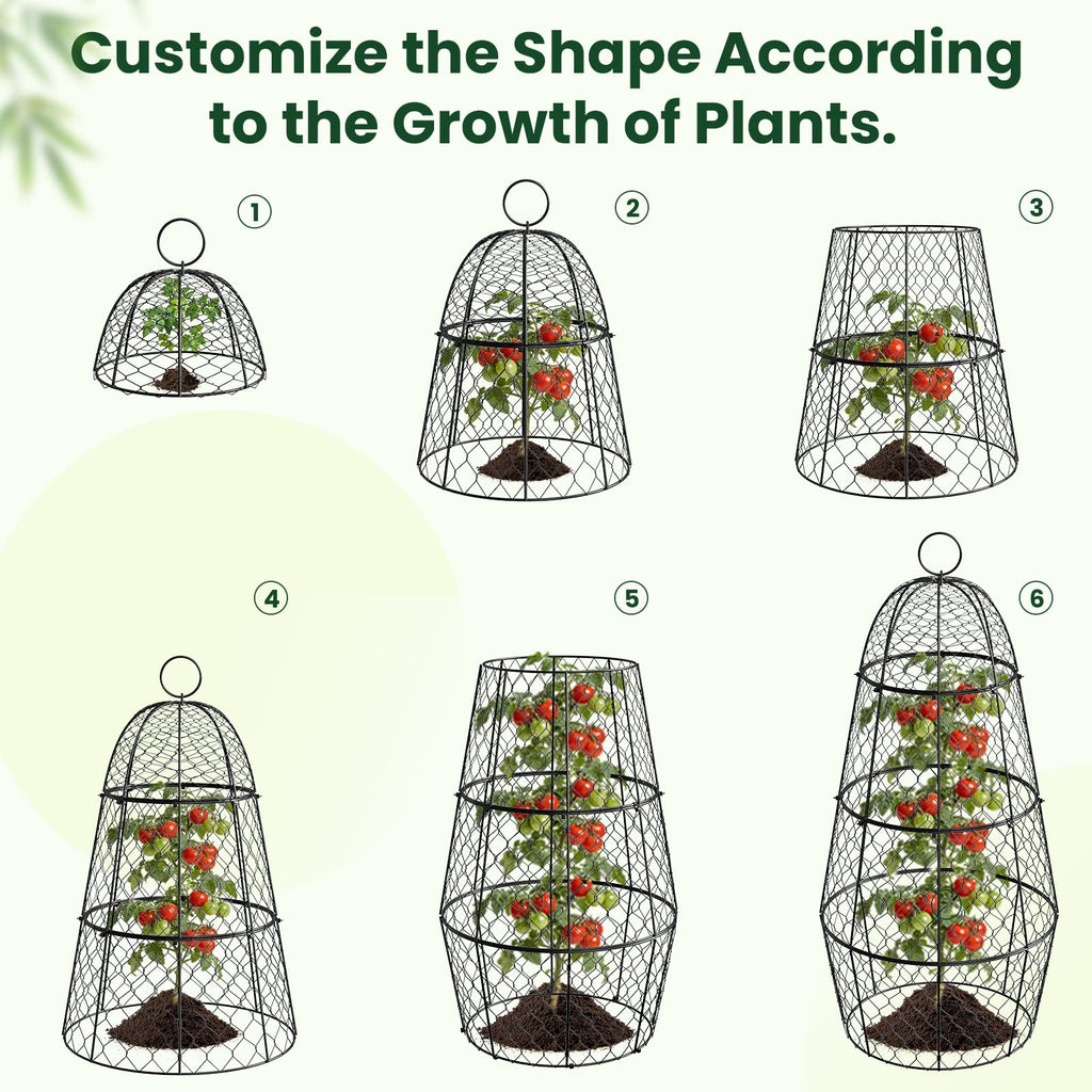 6 Pack Garden Cloche Plant Protectors from Animals, Adjustable 3-Tier Chicken Wire Plant Cages for Outdoor Plants, Stackable Metal Garden Cloches Keep Rabbits, Squirrels & Birds Away, 17.3" x 11.4"