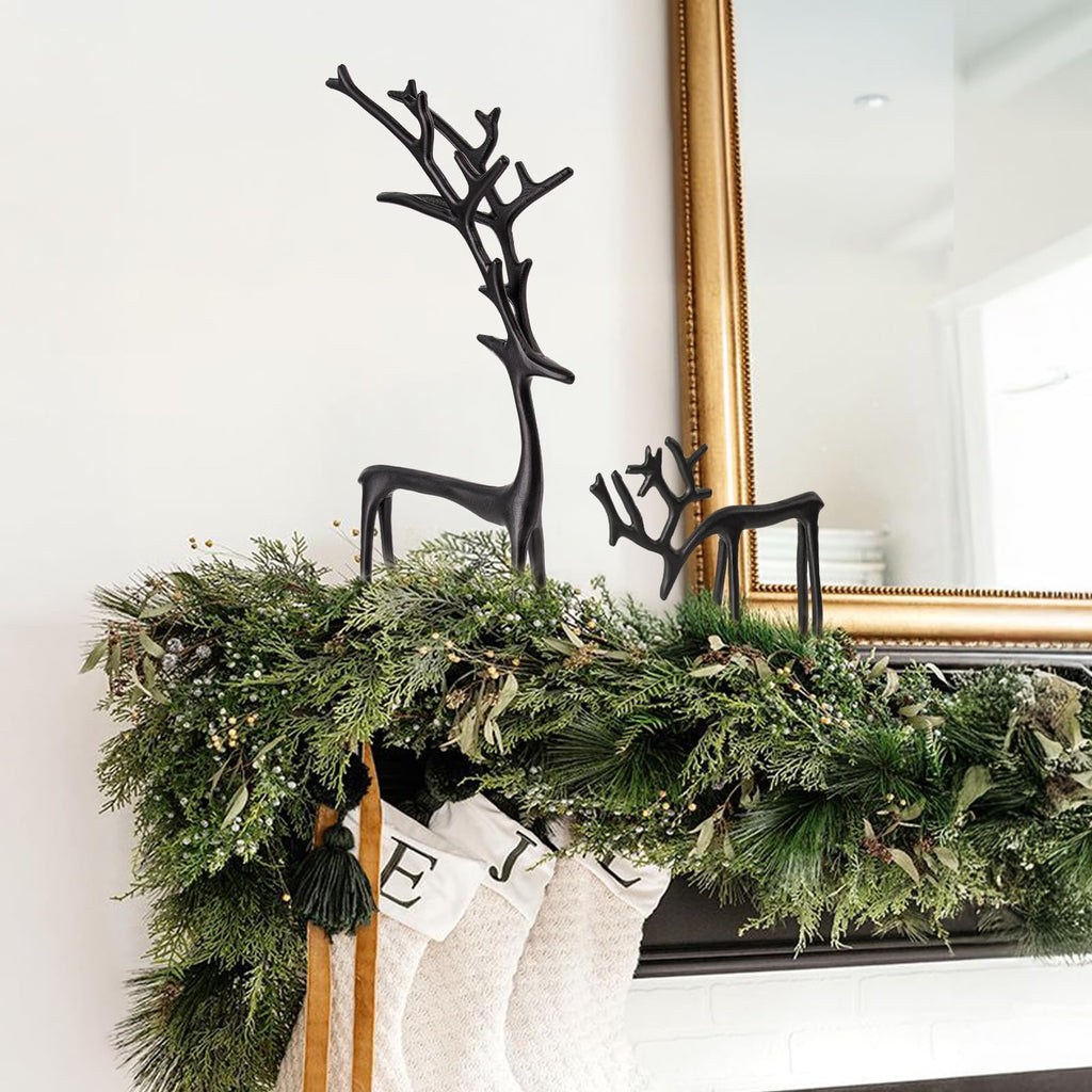 Christmas Decorations - Set of 2 Black Reindeer Statues - Modern Aluminum Alloy Xmas Figurines - Elegant Indoor Holiday Decor - Table Centerpieces - Ideal for Mantel Living Room Bedroom Office