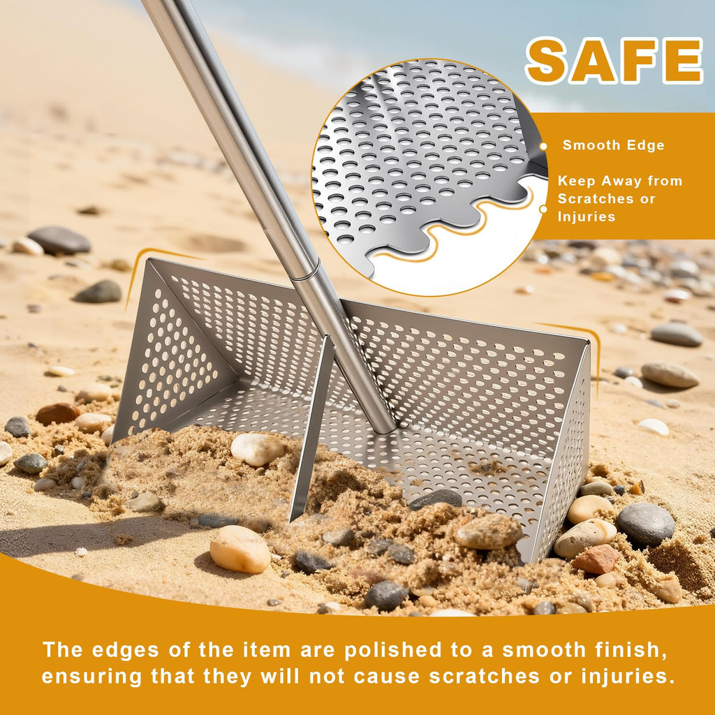 Sea Flea Rake for Beach - Premium 304 Stainless Steel Sand Sifter w 48'' Ergonomic Curved Long Handle, Beach Sifter w Large Basket w Curved Teeth, Sand Crab Catcher for Shark Teeth, Shells