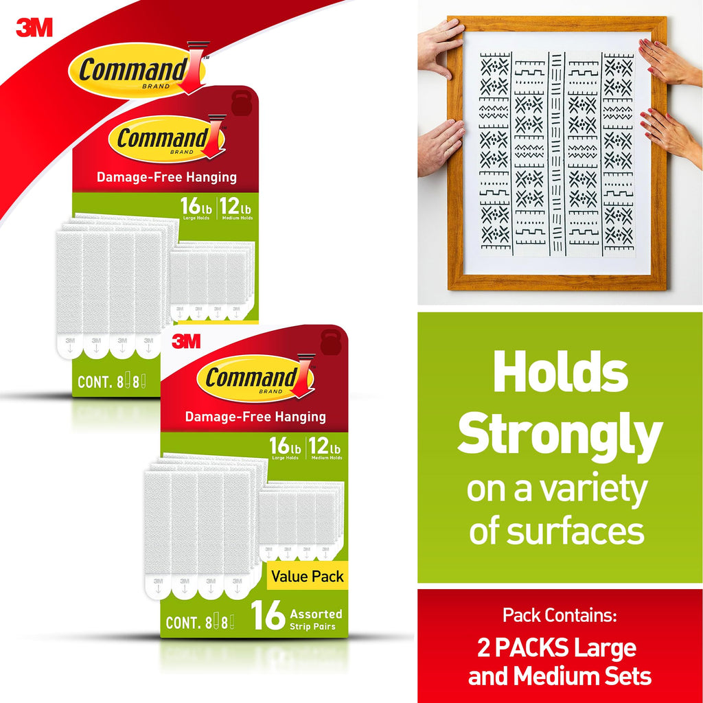 Command Medium and Large Picture Hanging Strips, Damage Free Hanging Picture Hangers, No Tools Wall Hanging Strips for Living Spaces, White, 16 Medium Pairs and 16 Large Pairs (64 Total)