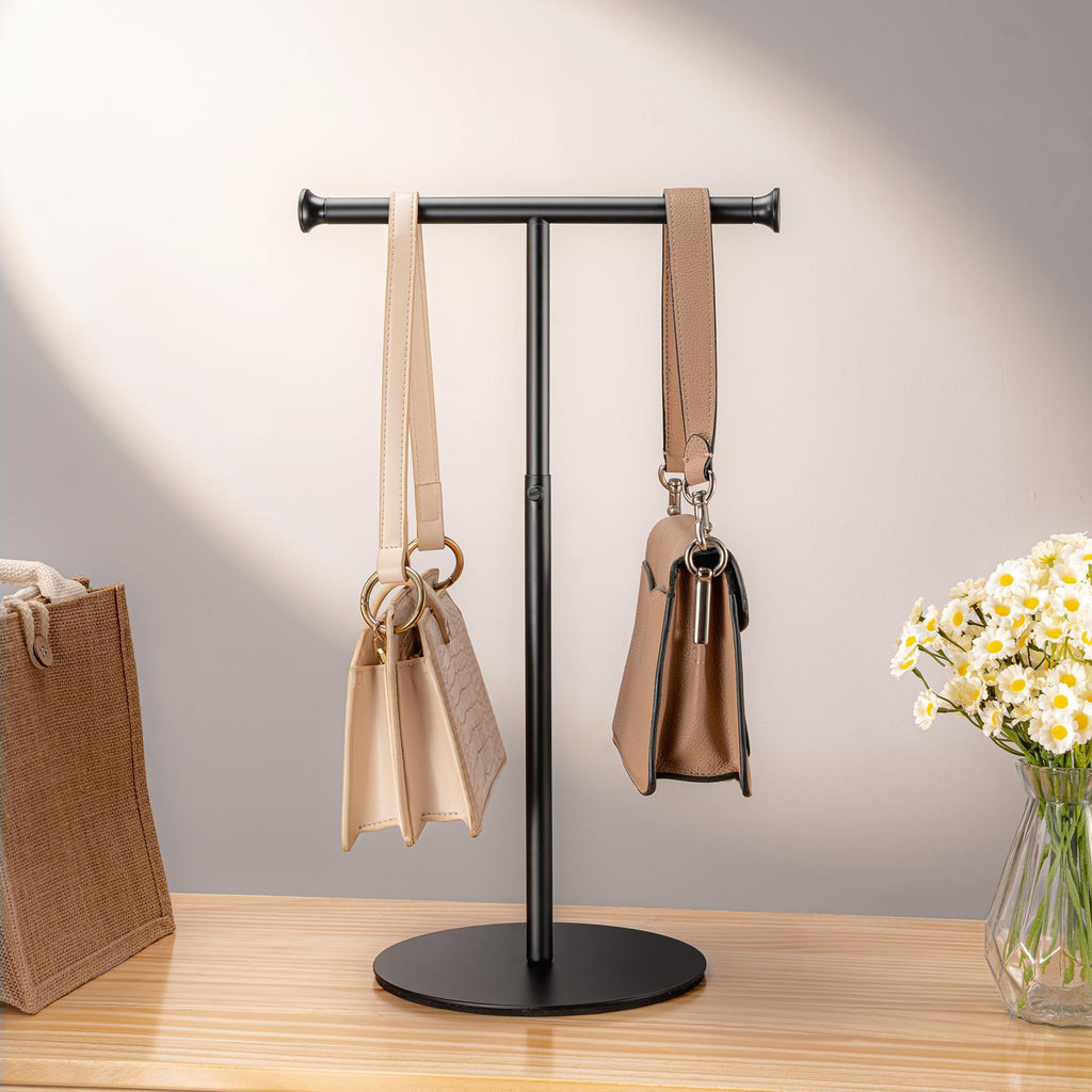 niffgaff T Bar Purse Display Stand Tabletop: Adjustable Height Handbag Holder, Countertop Hanging Rack for Long Necklace Scarf Lanyard, Black