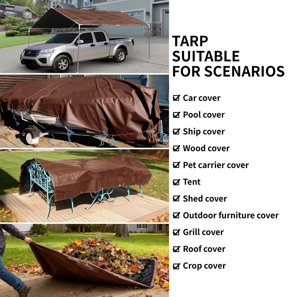 TARPAL Tarp 12x12 Feet Large Tarps Heavy Duty Waterproof 10mil Multipurpose Protective Cover Waterproof,Snow or UV Protection,Durable Reinforced Edges(Brown/Black)