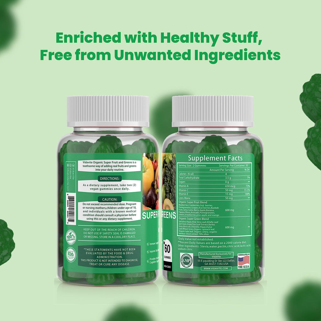 VIDAVITE Sugar-free Super Greens Gummies — US-Made, 35+ Fruit and Veggie gummies to Boost Immunity, Skin & Gut Health — Ideal Fruits and Vegetables Supplement for Adults & Picky Teens (30-Days Supply)