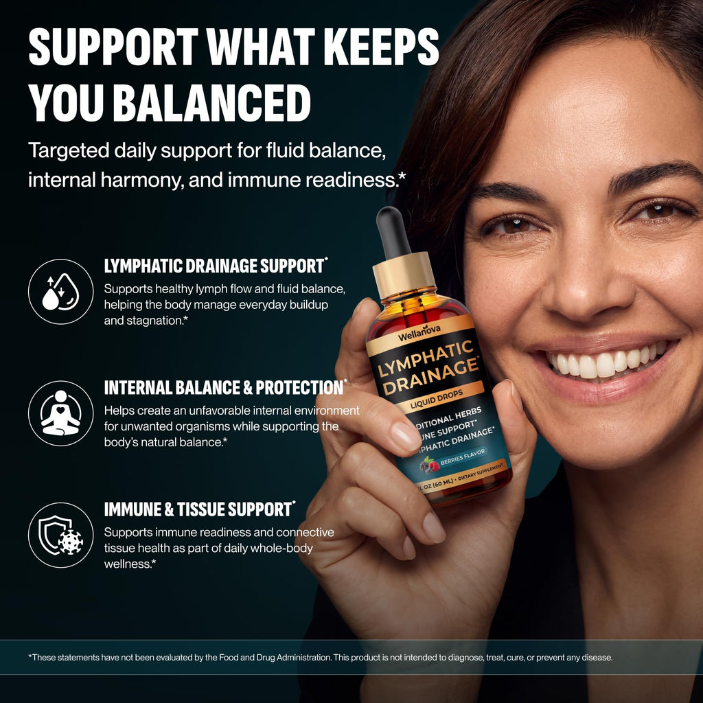 Wellanova Lymphatic Drainage Supplement - Organic Liquid Drops for Lymphatic Support & Detox - 8-in-1 Herbal Blend - Lymphatic Cleanse Complex with Burdock, Dandelion, Elderberry - 2 fl oz