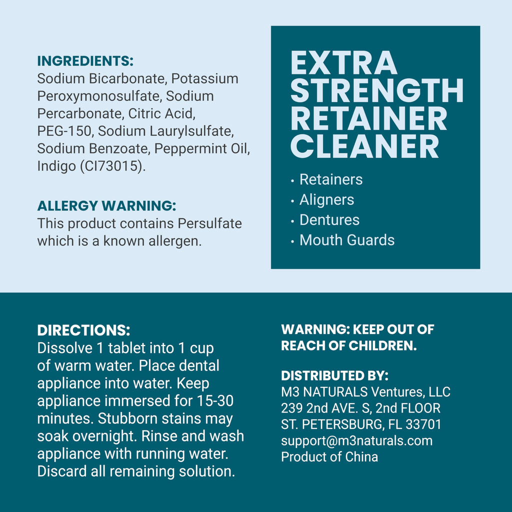 Retainer Cleanser Tablets Cleaner, Removes Odors Discoloration Stains and Plaque 2 Month Supply Denture Cleansers Retainers Mouth Guards Denture Bath Mint by M3