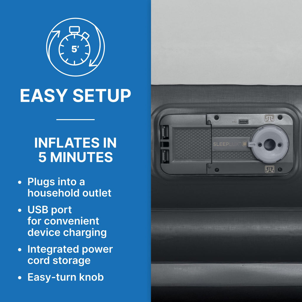 SLEEPLUX Durable Inflatable Air Mattress with Built-in Pump, Pillow and USB Charger, 22" Tall Queen