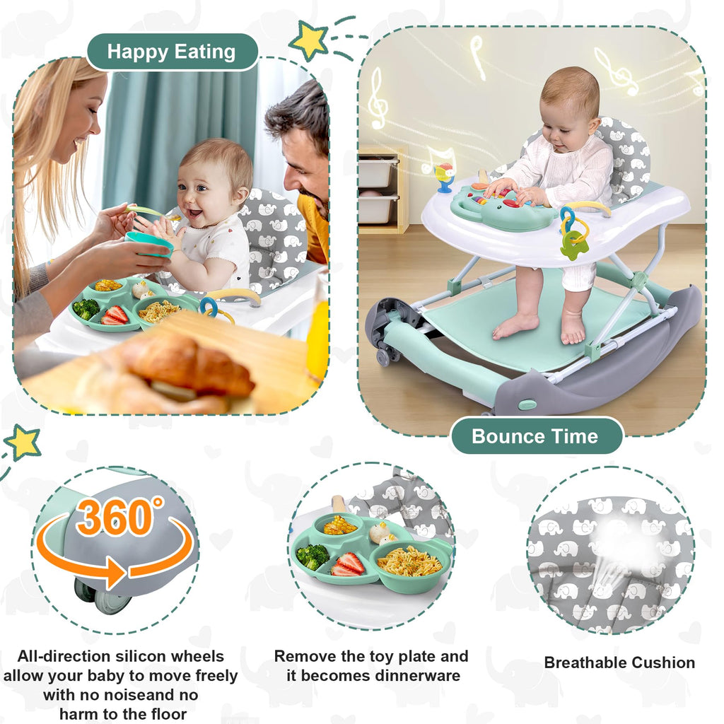 Foldable Baby 5-in-1 Activity Walker - Rocker, Activity Center, Bouncer, Seat Walker, Push Walker - Adjustable Speed Rear Wheels and Height Toys Ages 6-18 Months… (Mint Green)