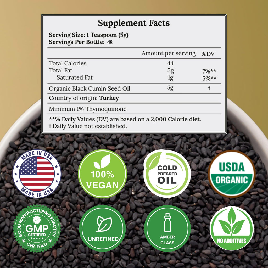 Black Seed Oil Organic Cold Pressed Unrefined Glass Bottle | USDA Certified Organic Black Cumin Seed Oil | High Thymoquinone Omega 3 6 9 | For Immune Support, Joints, Digestion, Hair & Skin | 8 Fl oz