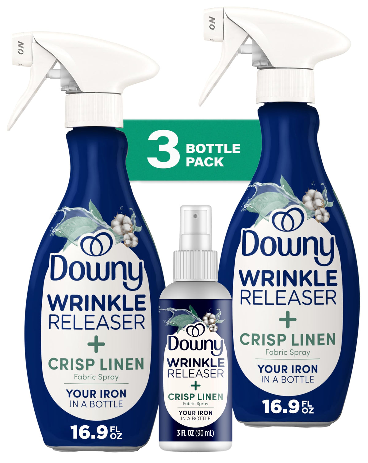 Downy Wrinkle Releaser Spray | All In One Wrinkle Release Spray, Odor Eliminator, Static Remover | Fabric Refresher & Ironing Aid for Clothes | 16.9 Fl Oz (Pack of 2) & 3 FL Oz, Crisp Linen Scent