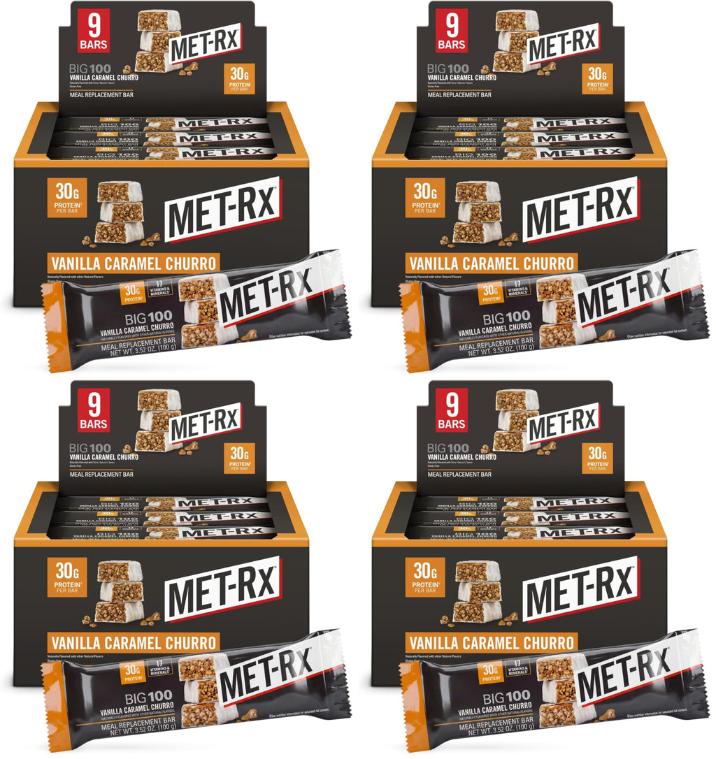 MET-Rx Big 100 Colossal Protein Bars,Vanilla Caramel Churro Meal Replacement Bars,Brown,9 Count (Pack of 4)