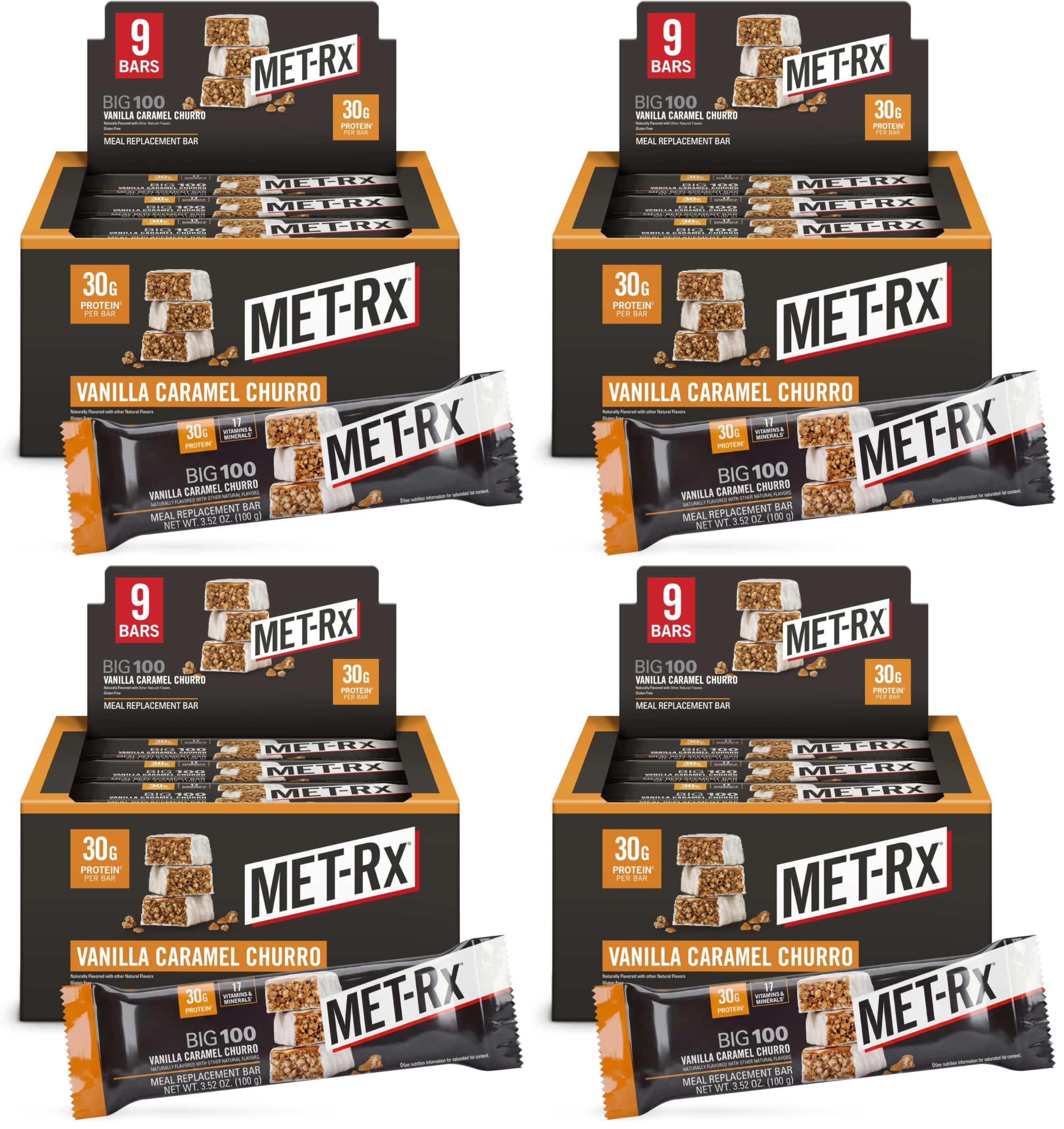 MET-Rx Big 100 Colossal Protein Bars,Vanilla Caramel Churro Meal Replacement Bars,Brown,9 Count (Pack of 4)