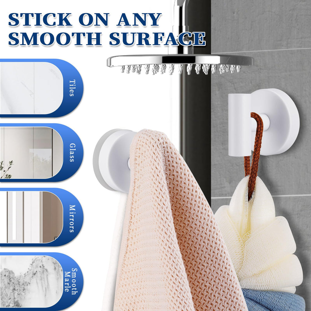 warlve Heavy Duty Reusable Suction Cup Hooks for Shower - No Drill Bathroom/Glass/Mirror/Tiles & Metal Surfaces,and Smooth Non-Porous Surfaces for Towels, Robes, Loofahs (4, White)