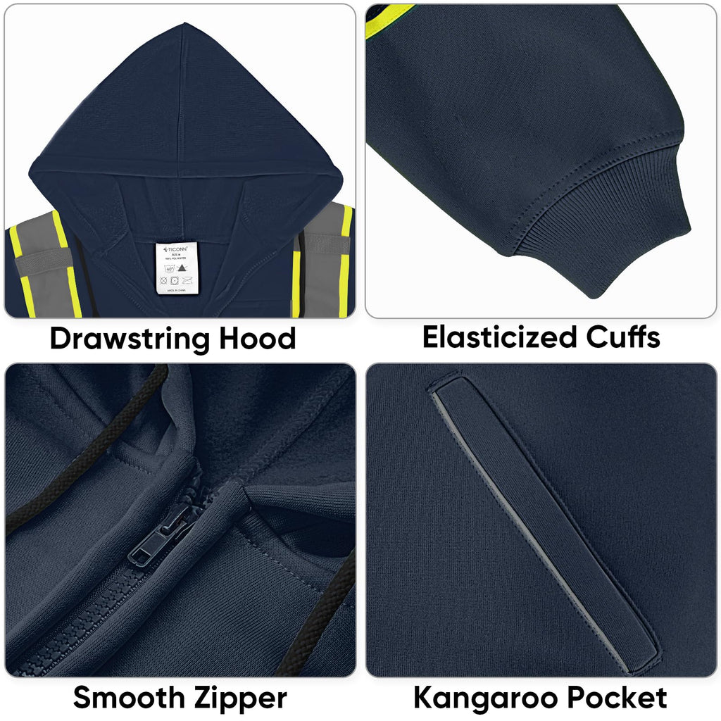 TICONN High Visibility Safety Sweatshirt Hoodie, Reflective Hi-Vis ANSI Class 3 Fleece Zippered Hooded Jacket for men and women (Navy, 3XL)