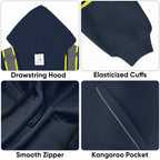 TICONN High Visibility Safety Sweatshirt Hoodie, Reflective Hi-Vis ANSI Class 3 Fleece Zippered Hooded Jacket for men and women (Navy, 3XL)