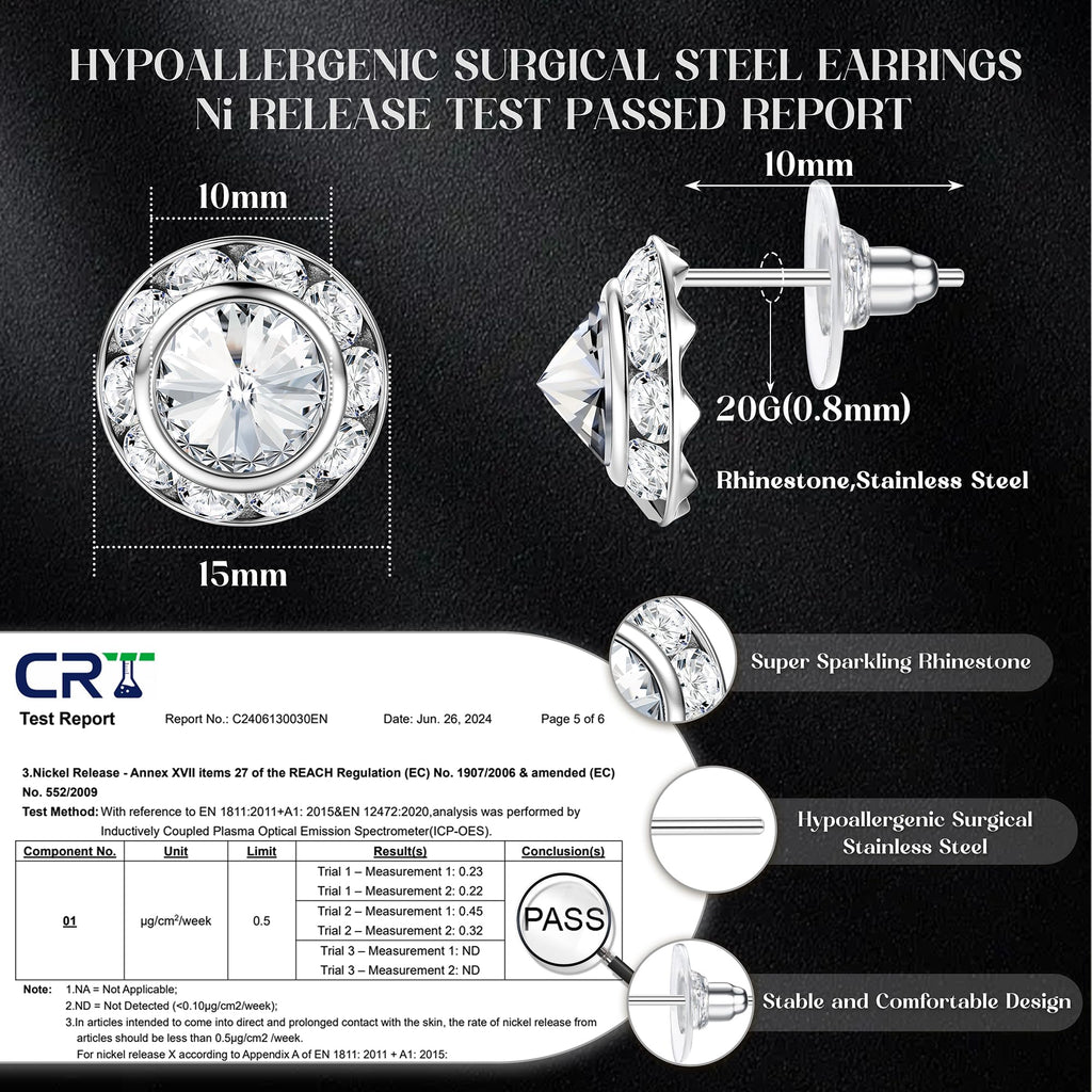 SAILIMUE 15Pairs Rhinestone Earrings For Women Dance Competition Performance Ballet Stud Earrings Stainless Steel Round Acrylic Stone Inside Rhinestone Crystal Halo Dance Competition Earrings Set15mm