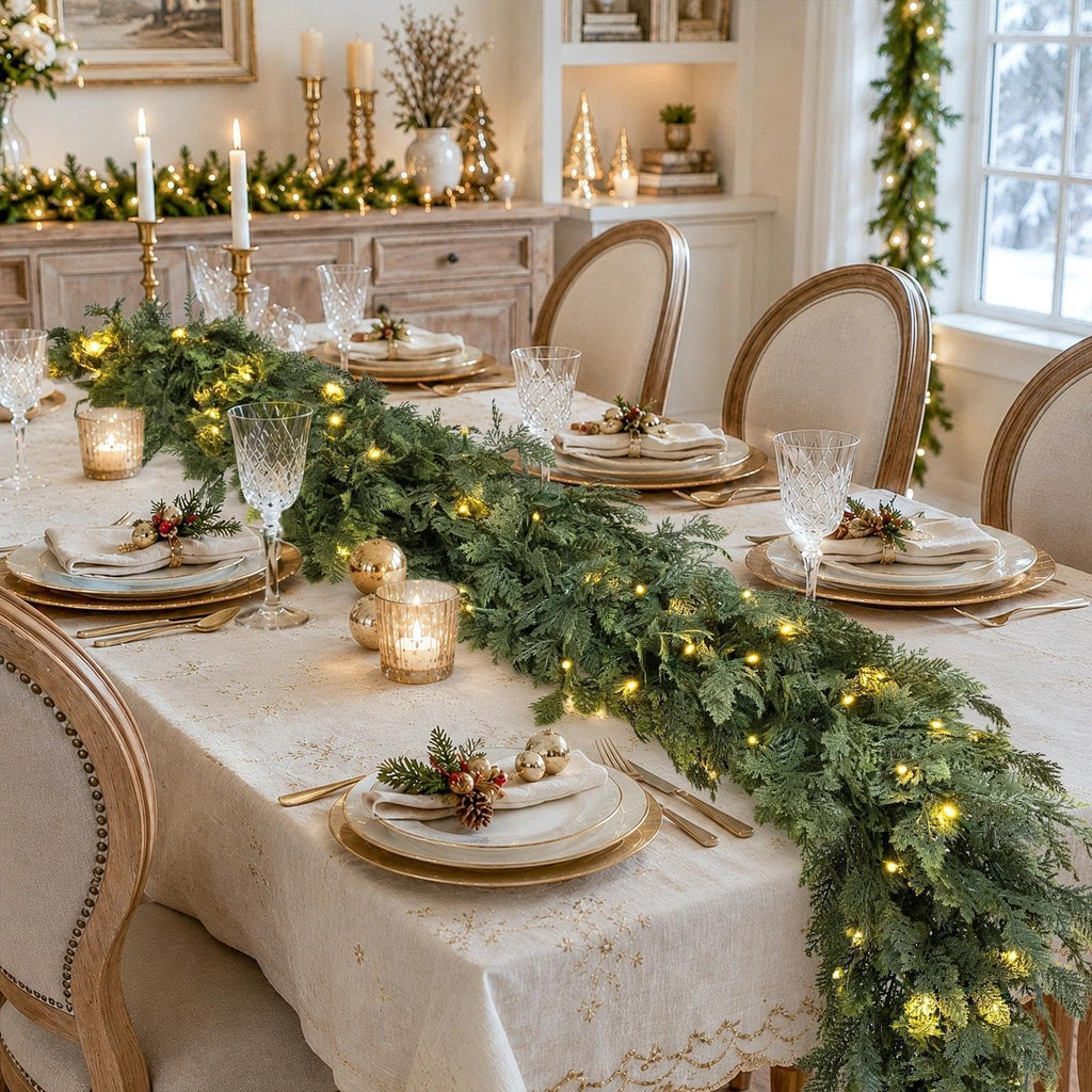 Pre-Lit Christmas Garland 9FT Decorations Real Touch Cedar Cypress Pine Greenery Artificial Green Christmas Garland with Lights for Mantle, Fireplace, Table, Stairs, Door, Indoor Outdoor Decorations