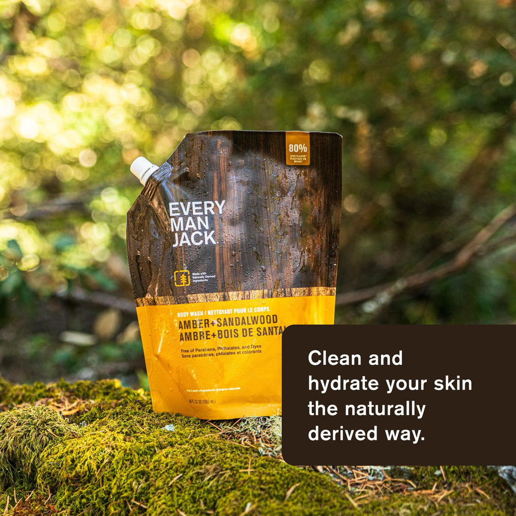 Every Man Jack Amber + Sandalwood Mens Body Wash Refill Starter Pouch - Cleanse, Nourish, and Hydrate Skin - Naturally Derived Ingredients - Paraben Free, Phthalate Free, Dye Free - (2-36oz pouches)