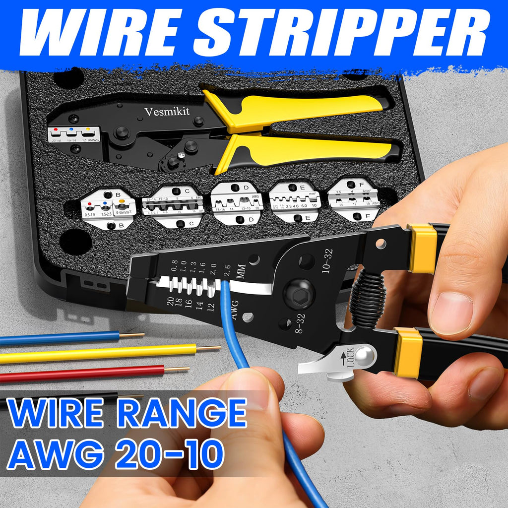Vesmikit Crimping Tool Set 8PCS - Ratchet Wire Crimping Tool for Heat Shrink,Insulated Nylon,Non-Insulated,wire ferrules,Open Barrel Terminals,Solar Connectors - Crimper with 6 Interchangeable Die