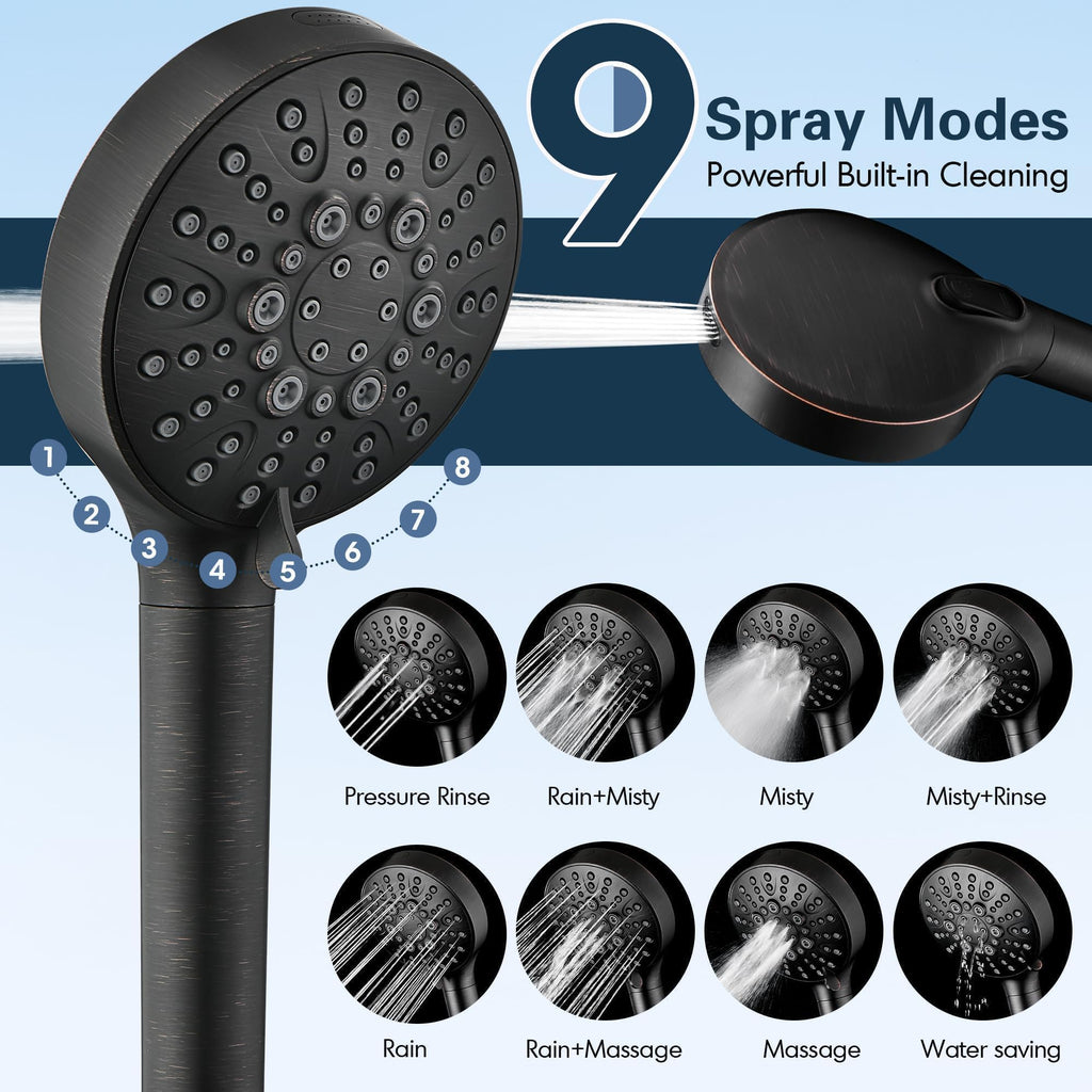 BRIGHT SHOWERS Filtered Shower Head with Handheld, High Pressure 9 Spray Mode Showerhead with Long Hose and Bracket, Water Softener Filters Beads for Hard Water - Removes Chlorine, Oil-Rubbed Bronze