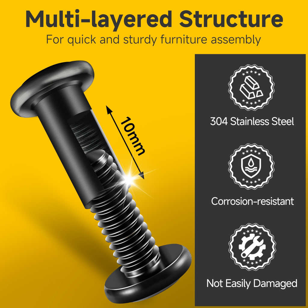 Mywish M8 x 35mm 20Set Flat Head Hex Socket Cap Screws Bolts with Barrel Nuts, 304 Stainless Steel Furniture Bolts Full Thread, Black Oxide & Hex Spanner