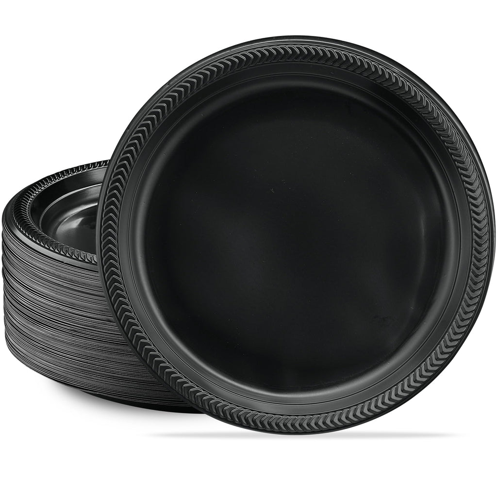 PLASTICPRO 200 PCS Black Plastic Plates Light Weight 10'' Inch Plastic Dinner Plates Black Plates Disposable for Party and Wedding