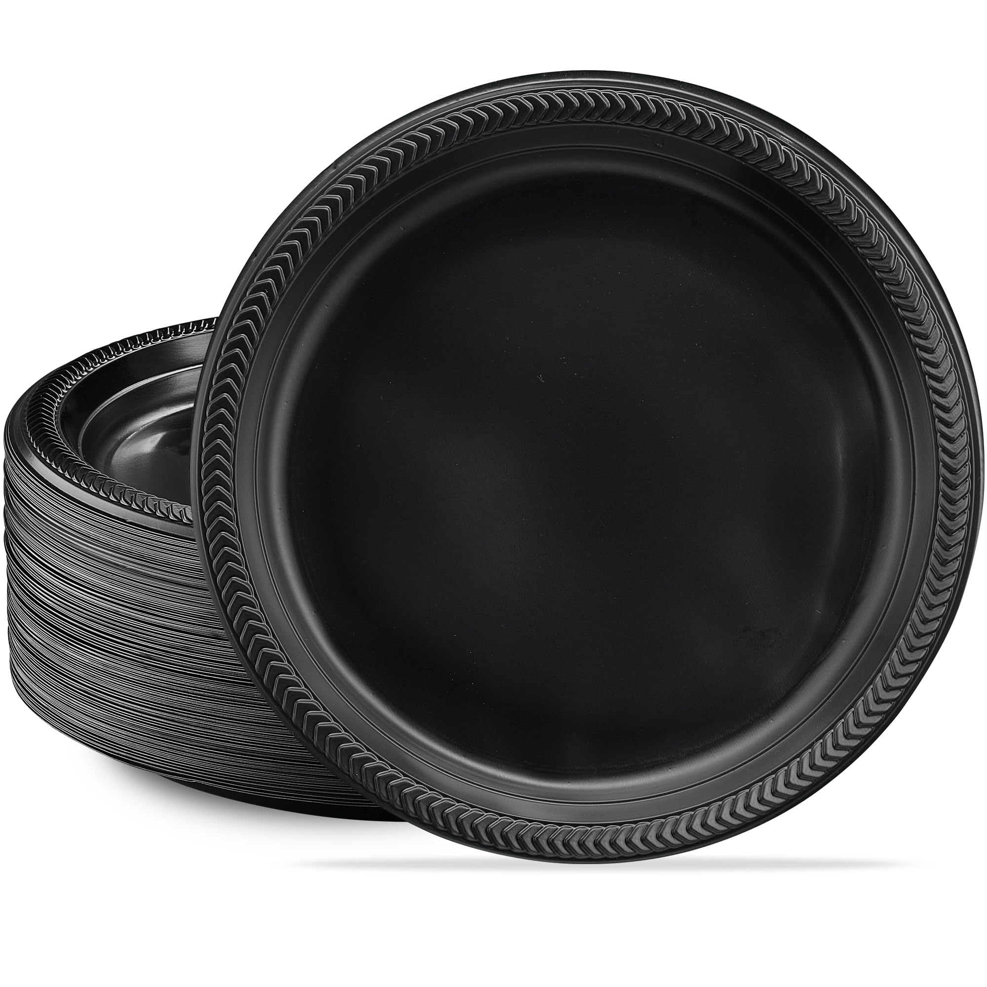 PLASTICPRO 200 PCS Black Plastic Plates Light Weight 10'' Inch Plastic Dinner Plates Black Plates Disposable for Party and Wedding
