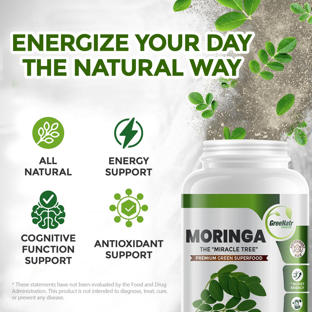 GreeNatr Pure Moringa Oleifera Leaf Extract Veggie Capsules 1000 mg. Natural Herbal Supplement. Energy, Mood, Memory and Focus Support. Premium Green Superfood (3 Bottles)