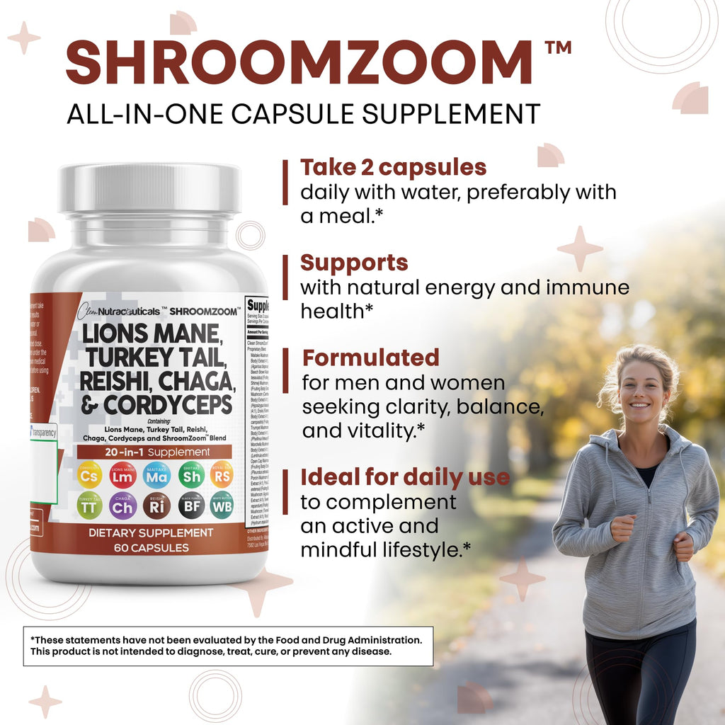 Clean Nutraceuticals Lions Mane 20in1 Mushroom Supplement with Turkey Tail Reishi Cordyceps Chaga Maitake Meshima Poria Cocos Shiitake Oyster Porcini Enoki - 1 Pack