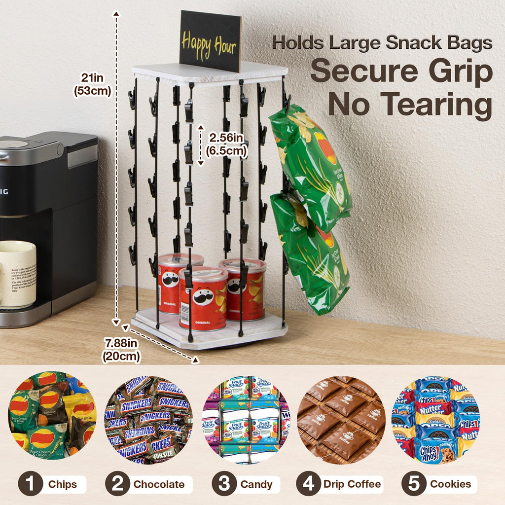 PUERSI Wooden Chip Rack Display Stand, 5 Tiers 40 Clips Rotating Snack Rack for Office Countertop, Snack Organizer Chip Storage Candy Display for Concession, Party, Retail, with Message Board - White