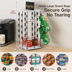 PUERSI Wooden Chip Rack Display Stand, 5 Tiers 40 Clips Rotating Snack Rack for Office Countertop, Snack Organizer Chip Storage Candy Display for Concession, Party, Retail, with Message Board - White