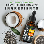(2 Pack) Organic Vitamin D3 K2 Drops with MCT Oil Omega 3, 5000 IU, Maximum Strength Vitamin D Liquid, No Fillers, Non-GMO Liquid D3 for Faster Absorption and Immune Support (Unflavored, 2 Fl Oz)