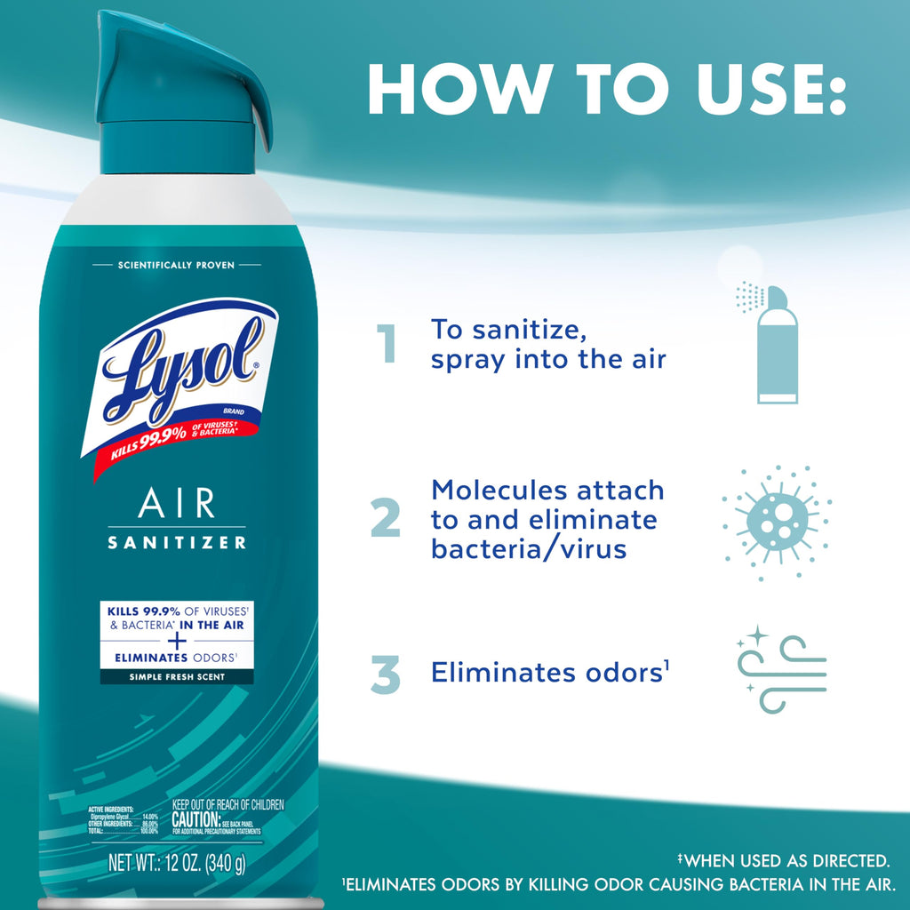 Lysol Air Sanitizer with Bacterial Odor Eliminator for Home & Office, Air Freshener Alternative, Simple Fresh Scent, 10 oz (Pack of 3)