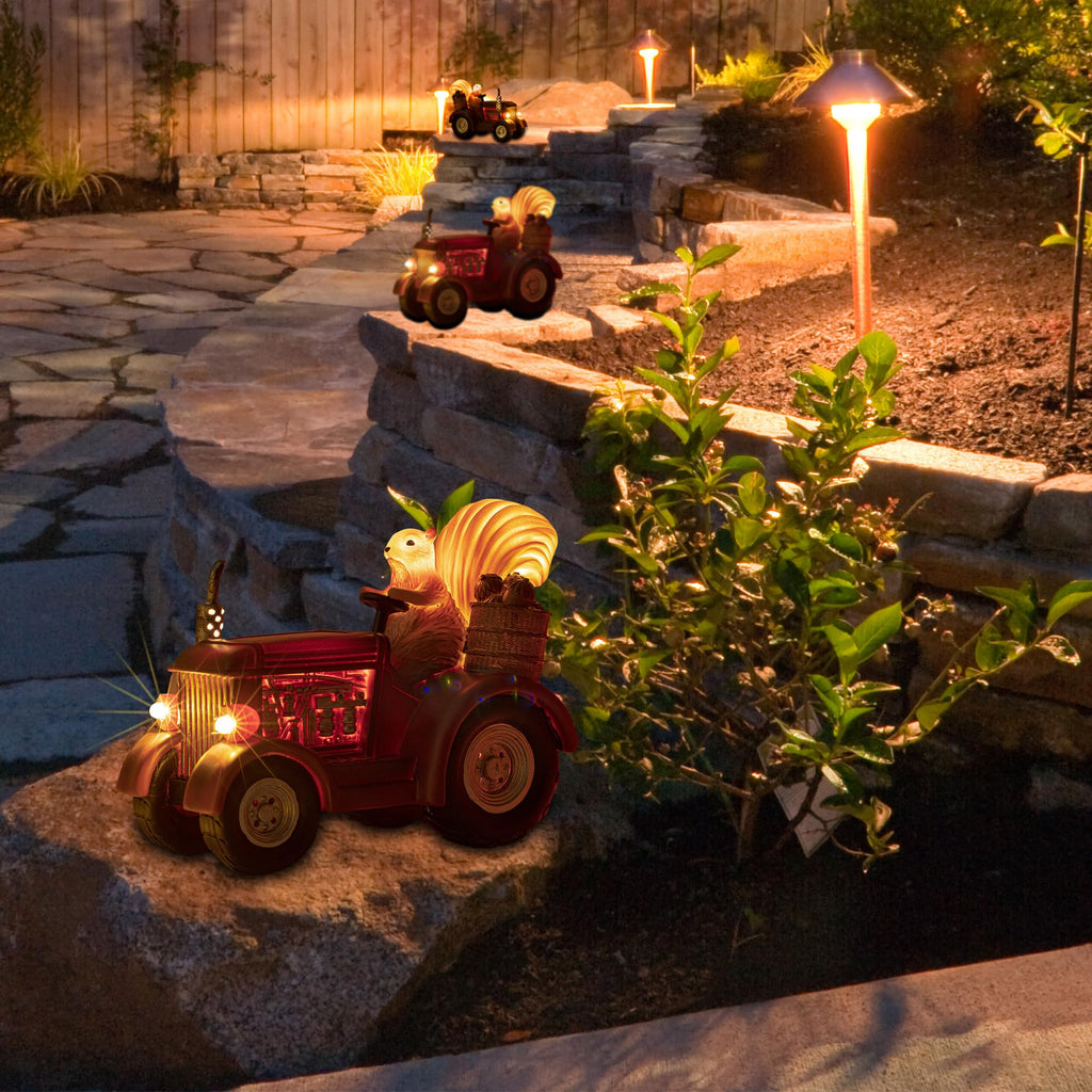 YUETJIN Solar Lighted Squirrel's Farm Tractor Statue