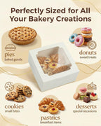 25pcs Cake Boxes 10x10x5 Inch with Window, 10 Inch White Bakery Boxes, Square Cardboard Large Pie Box, Package for Cookies, Donut, Birthday Party, Dessert, Wedding, Pastry Packaging (80 Pcs Stickers)