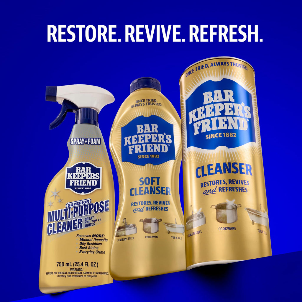 Bar Keepers Friend Soft Cleanser 13 oz + Spray & Foam Multipurpose MORE Spray Cleaner 25.4 oz, Multi Purpose Cleaner Bundle, Removes Grease, Rust Stains, Soap Scum & More in Home & Outdoors
