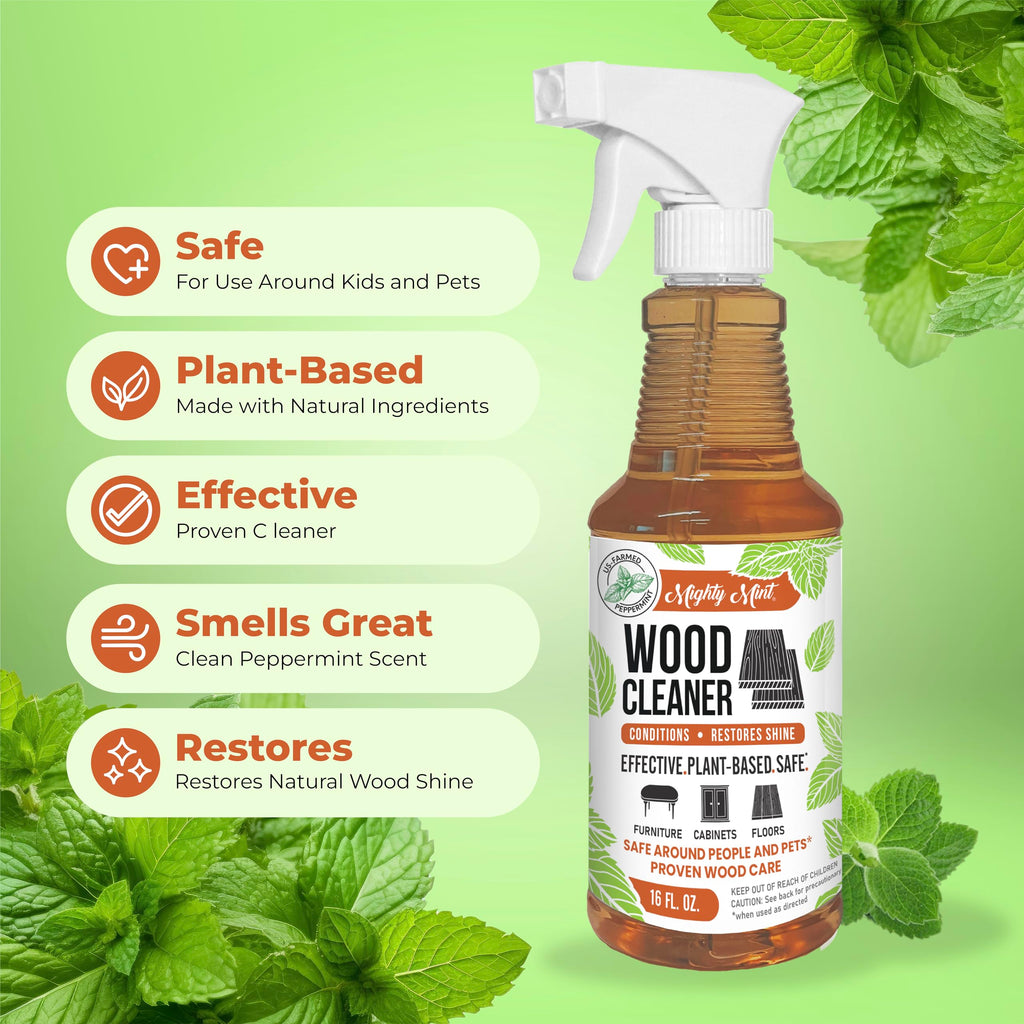 Mighty Mint Wood Cleaner & Conditioner Spray – Plant-Based Formula Cleans, Polishes & Renews Wood Furniture, Cabinets & Floors – Peppermint Scent, 16 oz
