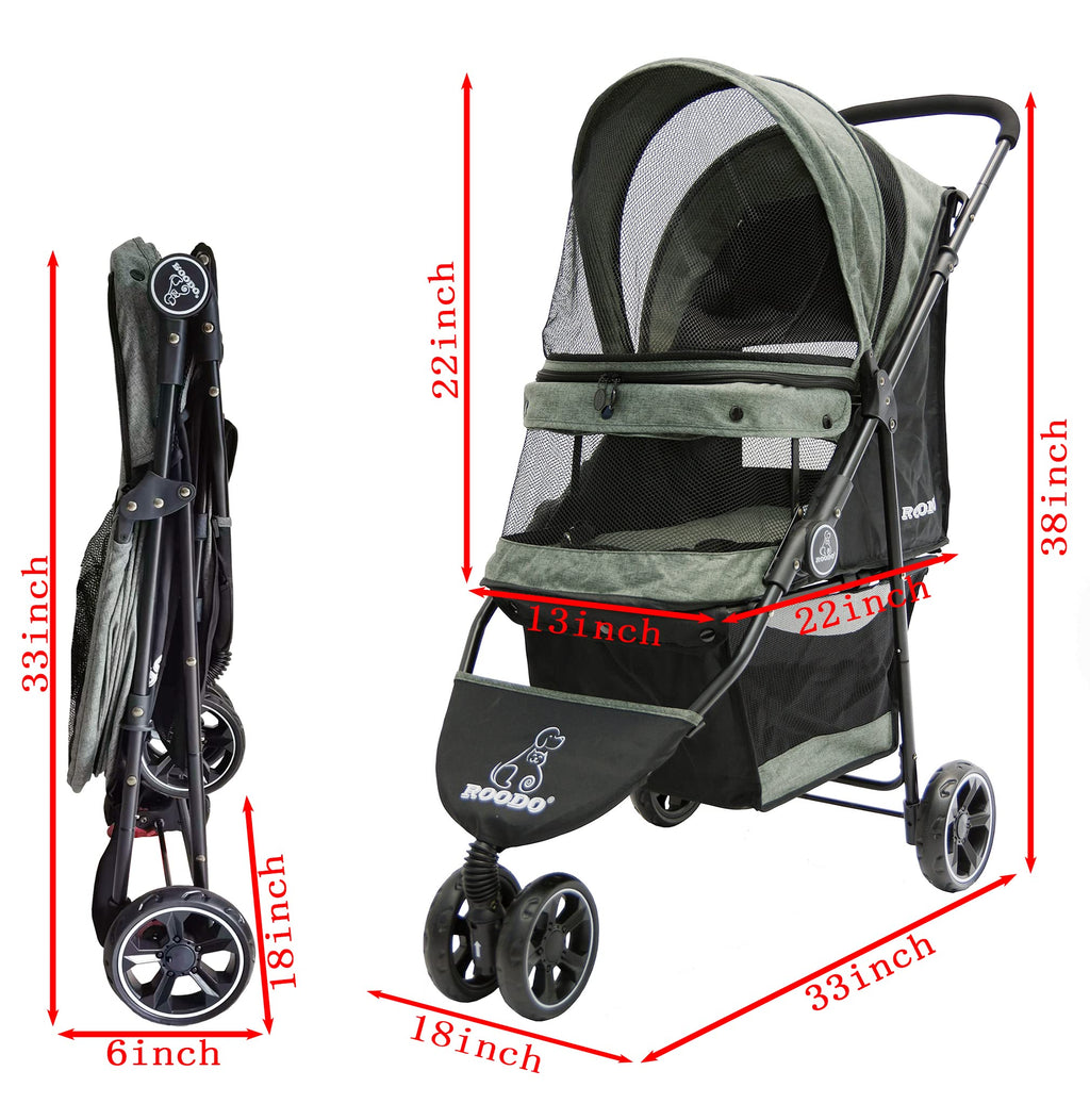 ROODO 3 Wheel Dog Pet Cat Stroller Best Lightweight Foldable Compact Portable Jogger All Terrain Travel Pet Gear Puppy Kitty Stroller for up to 30lbs Medium Small Dogs and Cats(Cationic ash)