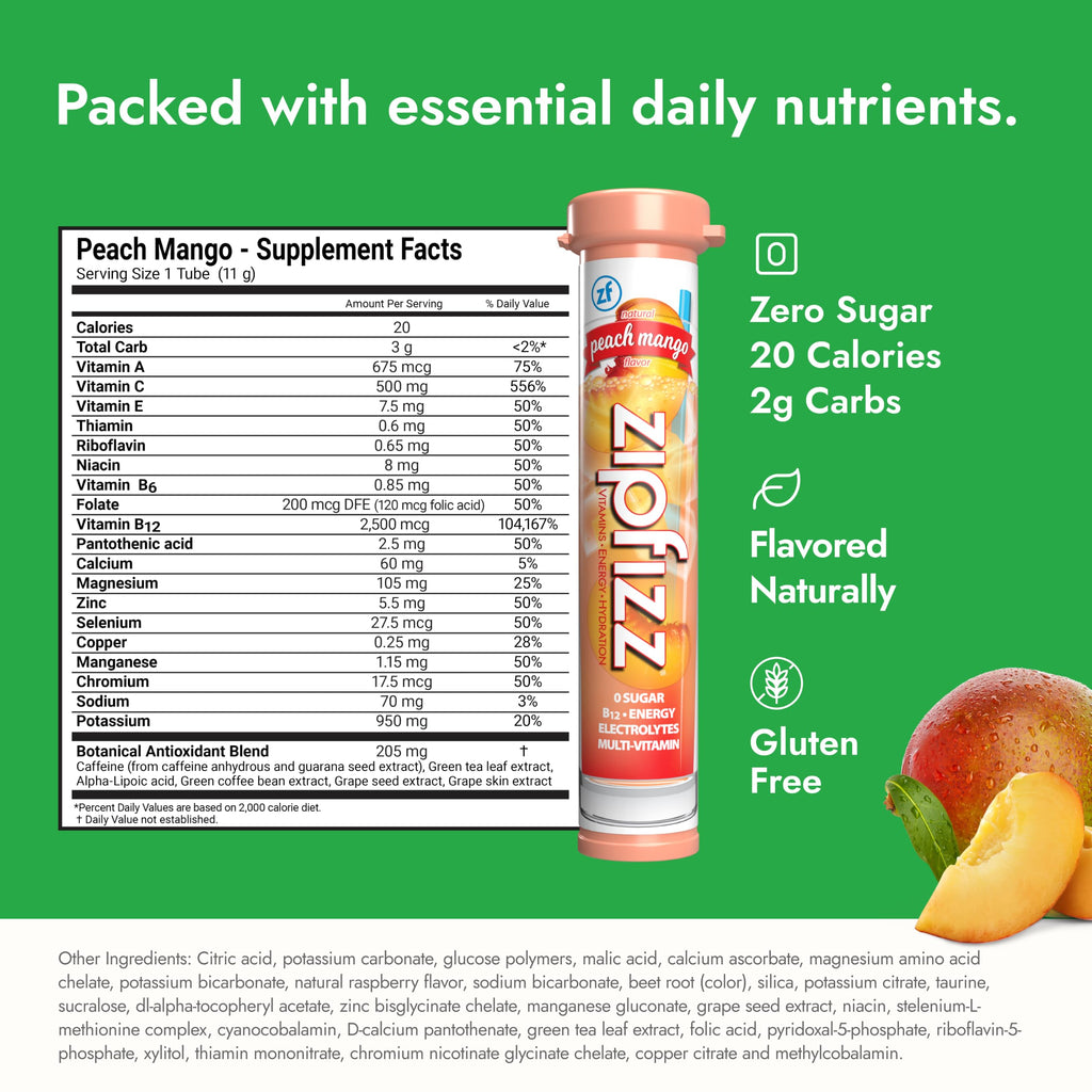 Zipfizz Energy Drink Powder, 20 Pack Electrolyte Mix with B12 - Peach Mango