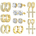 FEYIR 9 Pairs Earrings for Men Stainless Steel Small Hoop Earrings Hypoallergenic CZ Cross Dangle Earrings Cubic Zirconia Stud Earrings Huggie Men's Earrings Set