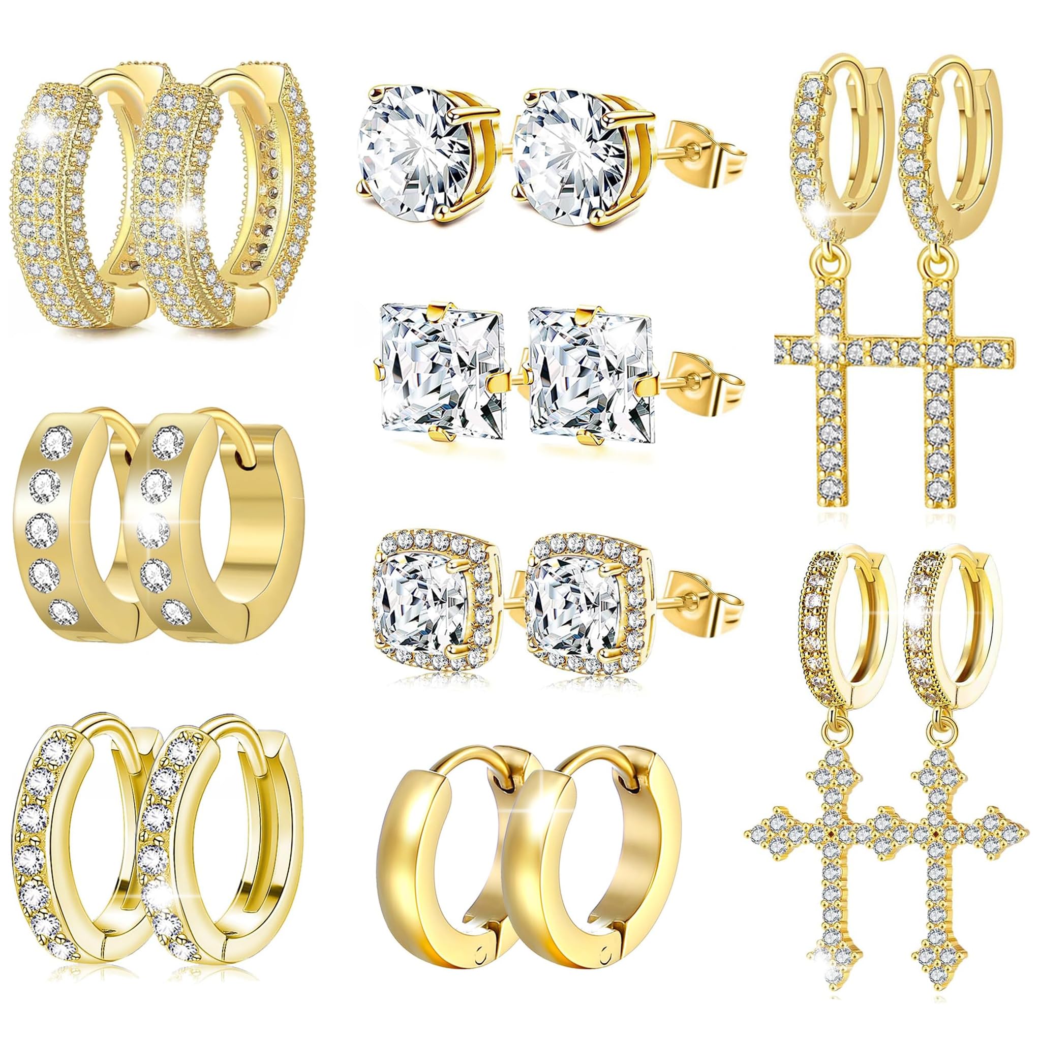 FEYIR 9 Pairs Earrings for Men Stainless Steel Small Hoop Earrings Hypoallergenic CZ Cross Dangle Earrings Cubic Zirconia Stud Earrings Huggie Men's Earrings Set
