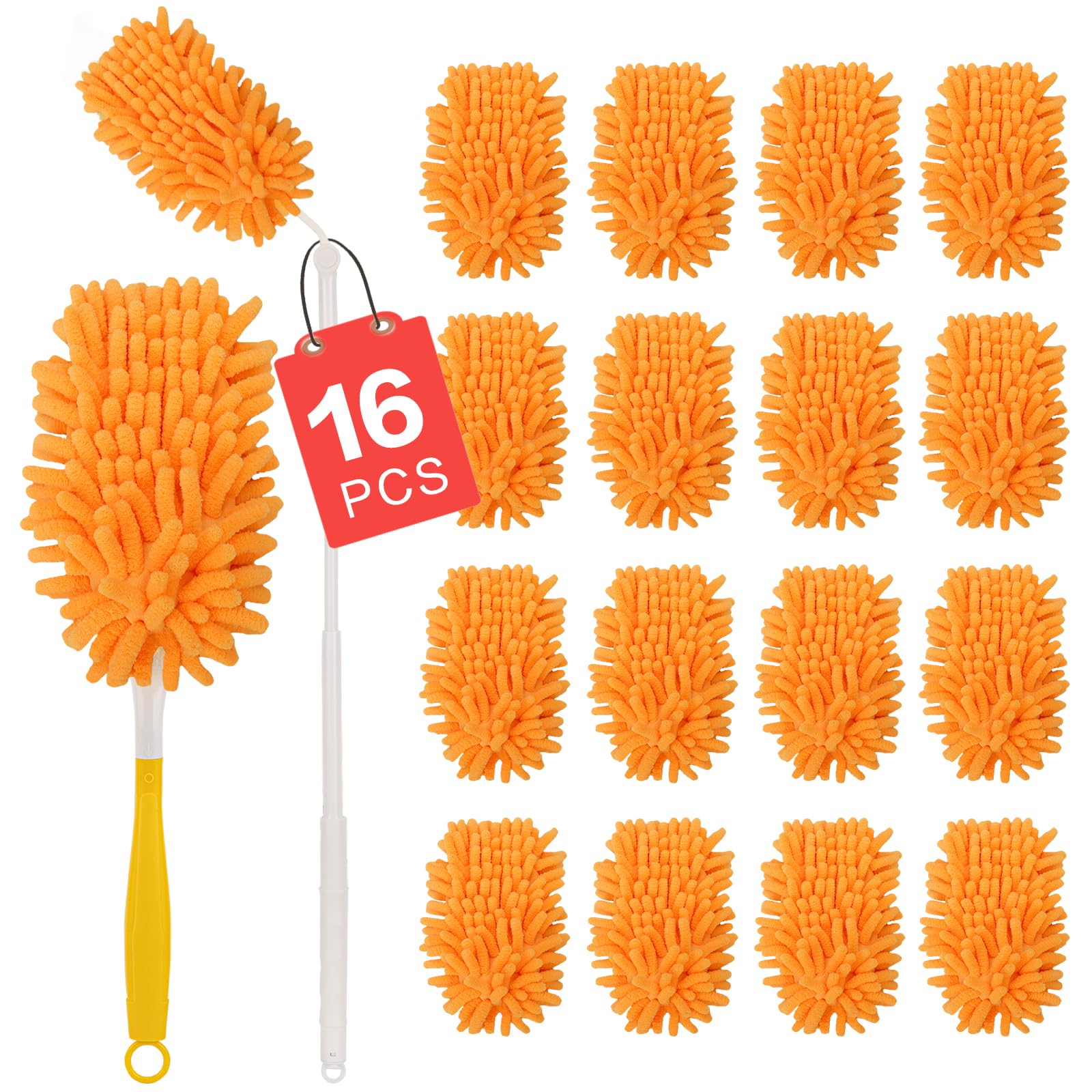 16Pcs Reusable Duster Refill Compatible with Swiffer Hand Duster +3FT Extended Handle +1 Handle, 360 Heavy Duty Duster Refills for Cleaning, Office, Ceiling Fan