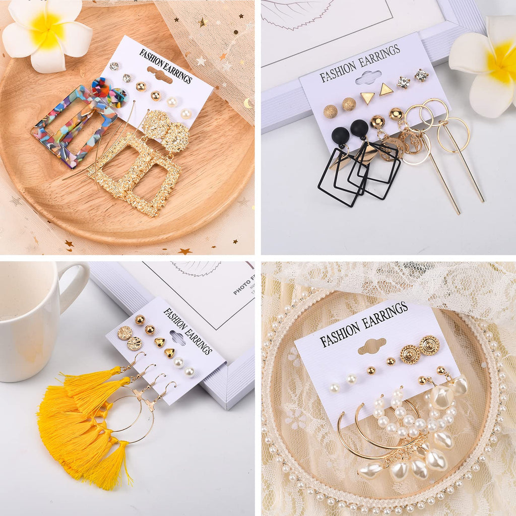 JMScape 53 Pairs Earrings Set for Women, Fashion Acrylic Tassel Gold Hoop Earrings Multipack Statement Pearl Earring Stud Pack, Hypoallergenic Drop Dangle Earrings for Valentine's Day Gift