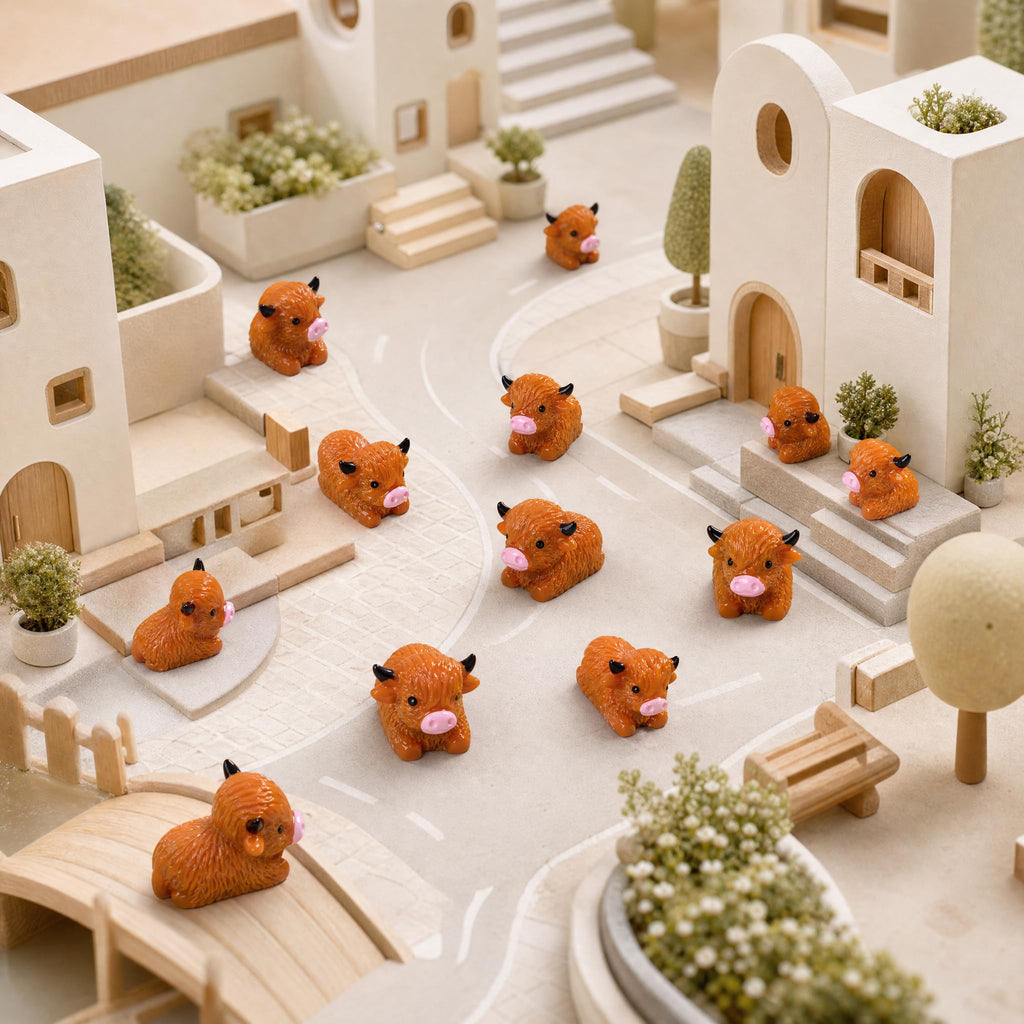 Teenzee 50 Pcs Mini Highland Cow Figurines Bulk Mini Cow Figurines Cake Decorations Cute Miniature Resin Sculpture Ornament Micro Landscape Office Garden Desk Party Tabletop Decor