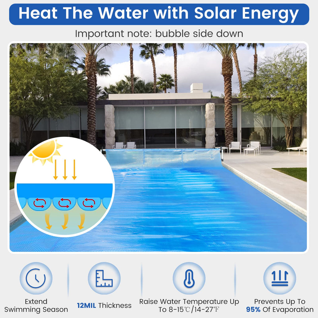 Goplus Pool Cover, 18 x 36 FT Solar Blanket 12 Mil with Carrying Bag for In-Ground and Above-Ground Swimming Pools, Rectangle Hot Tub SPA Thermal Blanket, Blue Bubble