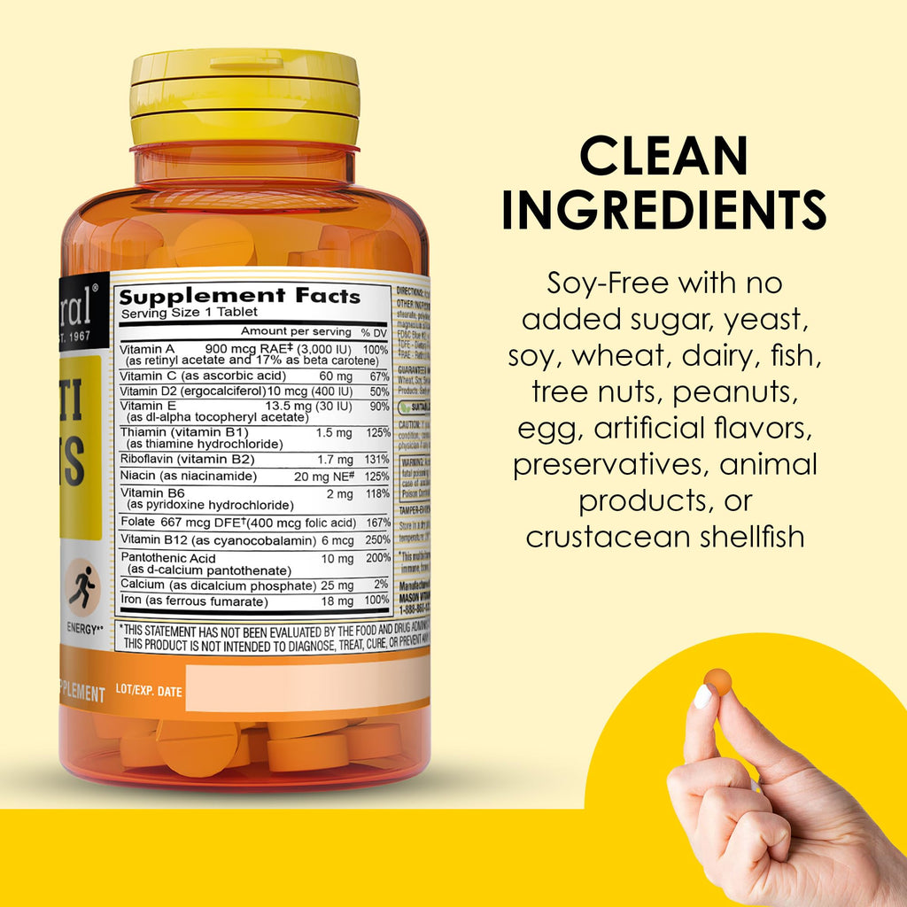 MASON NATURAL Mini Multi Vitamins with Iron, Vitamins A, C, D, E, B1, B2, B3, B6, B12, Folate and Calcium for Overall Health, 1 Year Supply