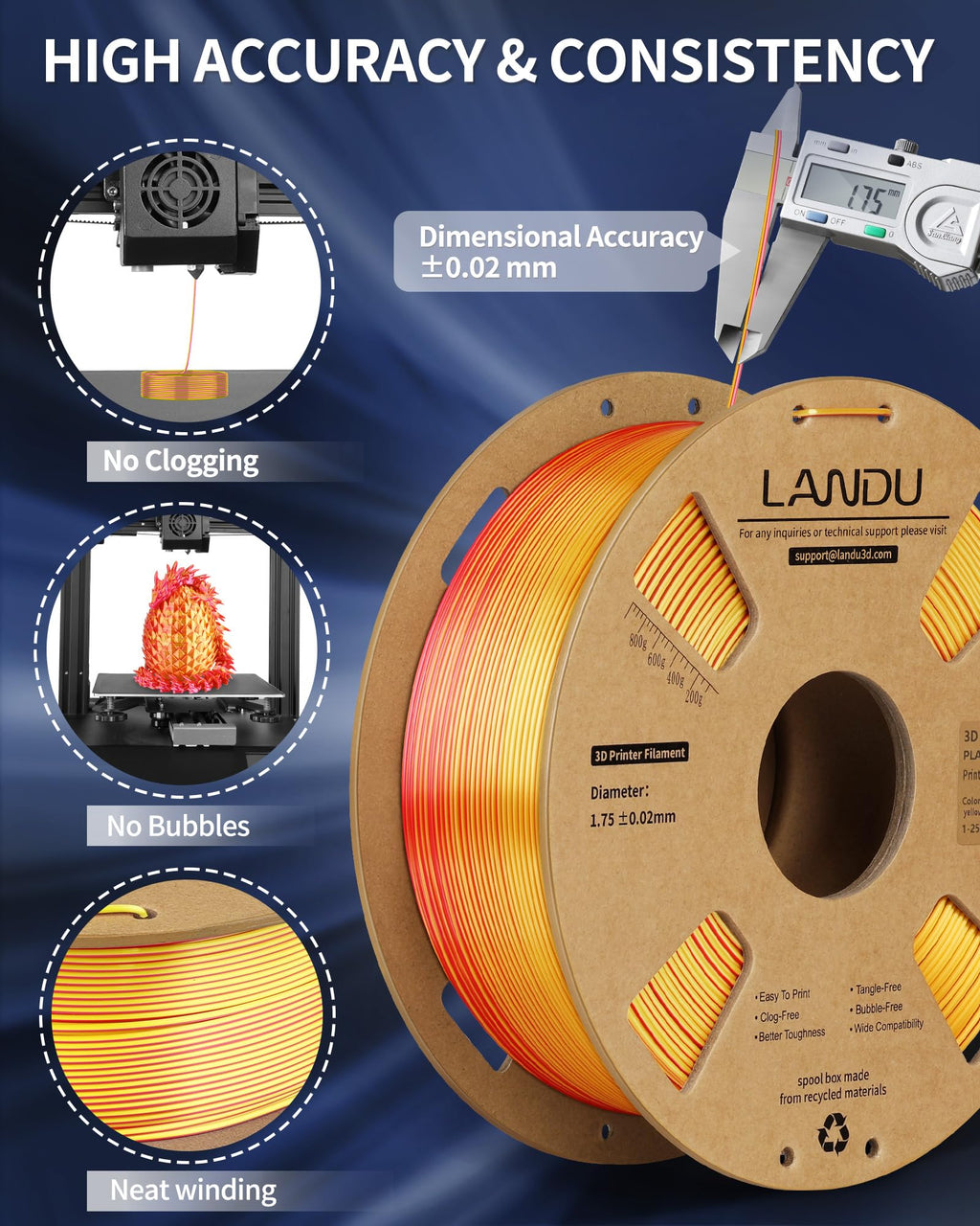 LANDU Silk Dual Color PLA Filament 1.75mm 1KG, 3D Printer Filament Dimensional Accuracy +/- 0.02mm, Coextrusion Filament PLA Shiny Filament Fits for Most FFF 3D Printers,1KG Spool (2.2lbs) Red Gold