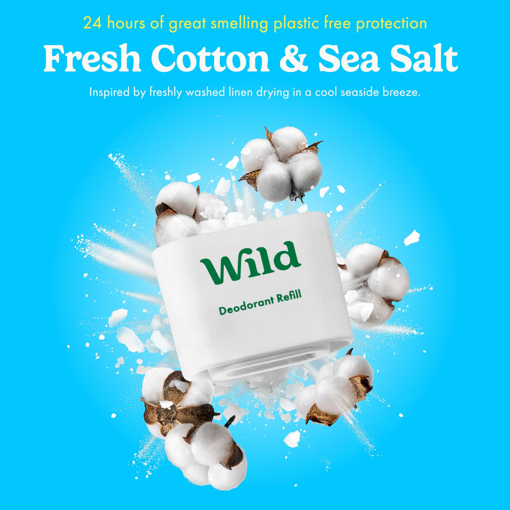 Wild Aluminum Free Refillable Deodorant Variety Pack for Men & Women - 98% Natural Ingredients - Includes Fresh Cotton & Sea Salt, Cherry Blossom, Coconut & Vanilla Scents - Long Lasting Protection