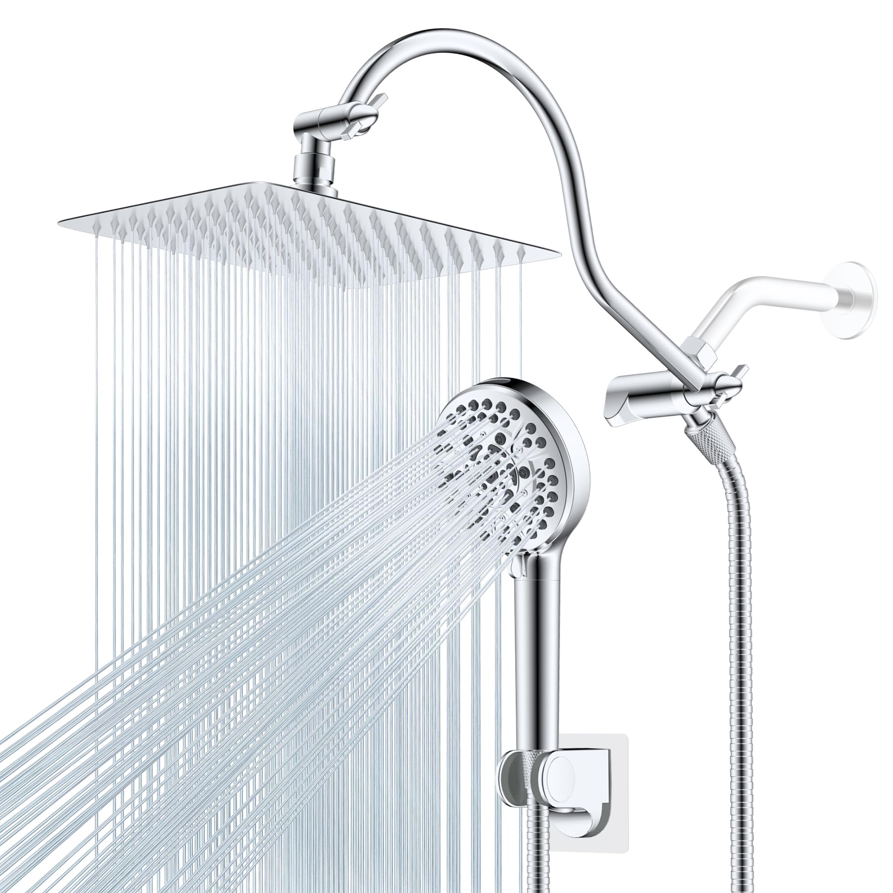 Hibbent All Metal CUPC Certified Shower Head, 10'' High Pressure Rainfall Shower Head, Handheld Showerhead Combo, 12'' Adjustable Extension Arm, 10 Sprays, 71'' Shower Hose, Showerhead Holder, Chrome