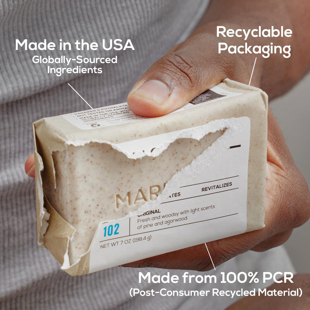 MARLOWE. No. 102 Body Scrub Soap 7 oz (3 Bars), Exfoliating Soap Bar with Shea Butter, Olive Oil & Green Tea Extracts, Cleanses, Smooths & Revitalizes Skin, Original Sage & Fir Scent