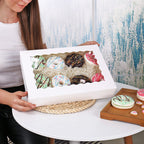 Tcoivs 20-Pack Bakery Boxes 14" x 10" x 2.5", Cookie Boxes, Auto-Popup Treat Boxes with Window for Donuts, Pies, Cakes, Muffins, and Pastries (White)